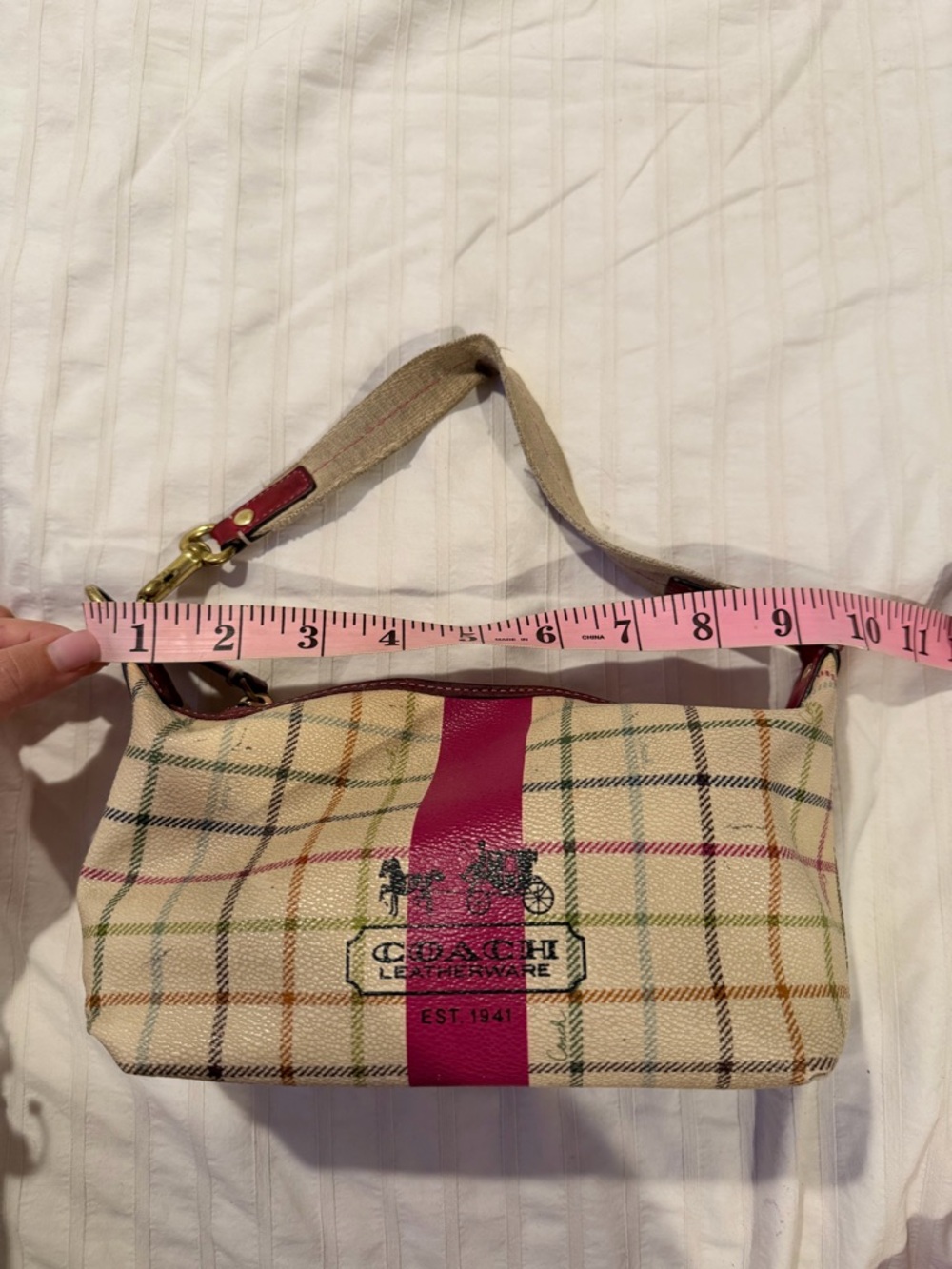 Coach Plaid Canvas Wristlet with Fuchsia Center Stripe